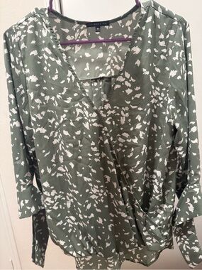 West Kei Olive Green & White Printed Wrap Blouse